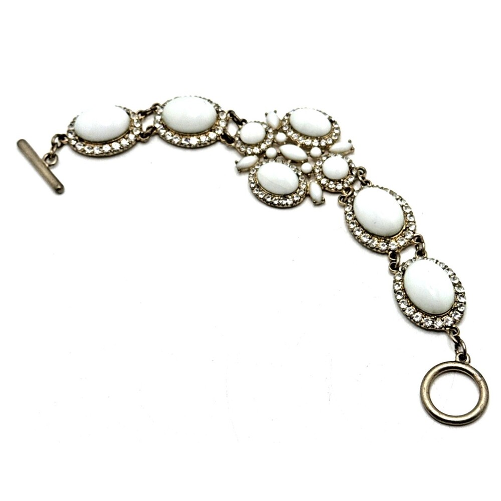 Ornate Rhinestone & White Cabochon Oval Link Bracelet Gold Tone Toggle Clasp 8"